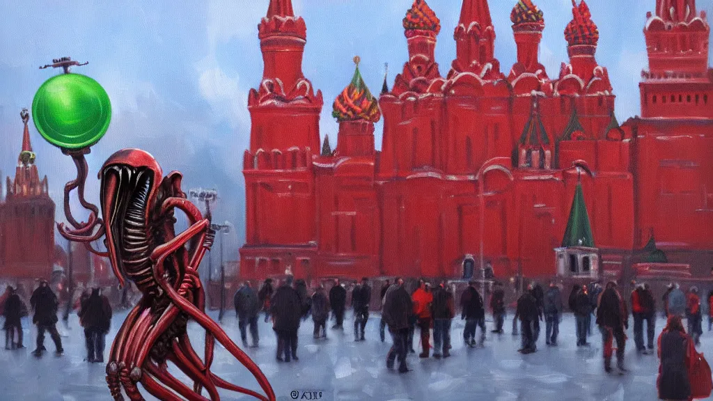 Prompt: xenomorph on moscow red square. extreme long shot. oil paint