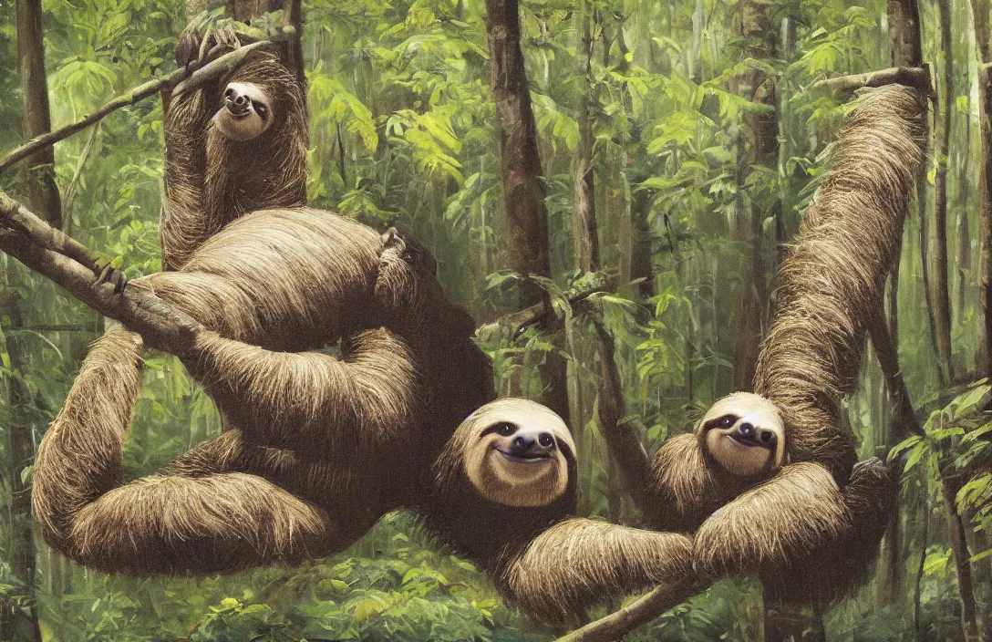 Image similar to a work uniform sitting next to a sloth in a forest, oil painting