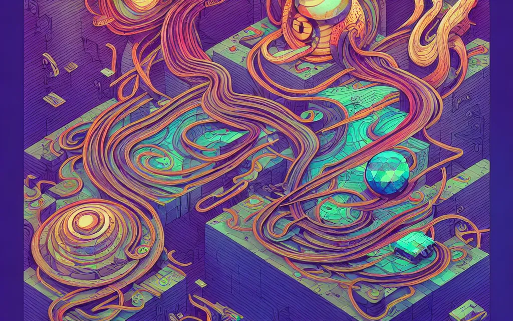 Image similar to twisted turn of fate abstraction, centered award winning ink pen illustration, isometric abstract illustration by dan mumford, edited by craola, technical drawing by beeple and tooth wu, tiny details by artgerm and watercolor girl, symmetrically isometrically centered