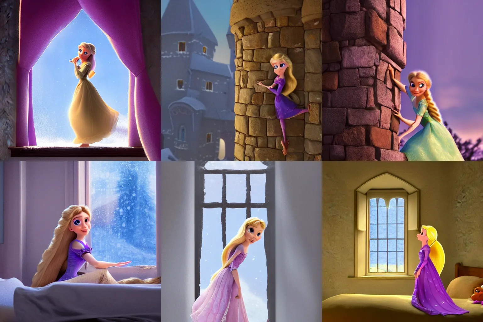 Prompt: Pixar still, Rapunzel stands in an empty stone tower bedroom, cold day outside, snow comes in through open window, highly detailed, intriguing lighting