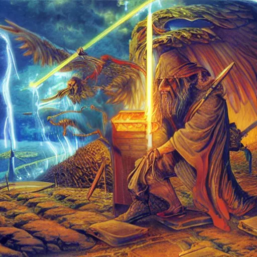 Image similar to a medieval wizard destroys his computer with magical energy, digital matte painting by david mattingly.