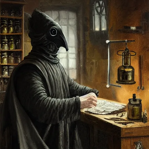 Image similar to plague doctor working in medieval apothecary, beak, gloves, magical alchemy laboratory, oil painting, by Greg Rutkowski