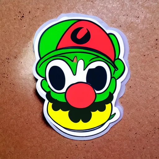 Image similar to die cut sticker, yoshi wearing mario's mustache, splatter paint