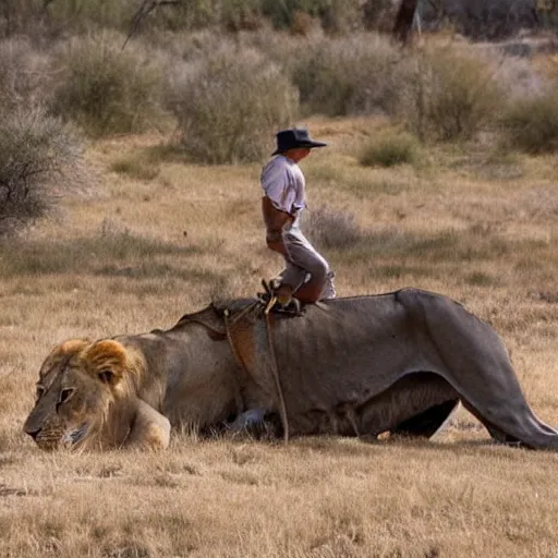 Image similar to old man riding on lions back