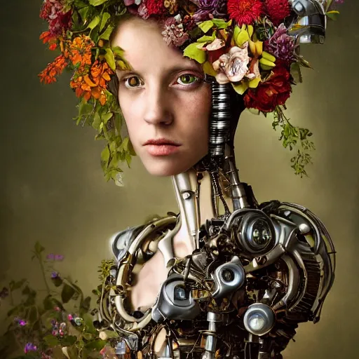Prompt: a beautiful intricate fine art portrait photo of a farewell moment between a mechanical industrial steampunk cybernetic robot and a human overgrown with colorful flowers and leaves by tom bagshaw and zach sutton, golden ratio composition, studio lighting, 50mm lens, very detailed, bionic, cybernetic scifi, deep depth of field, artstation, 8K, highly coherent