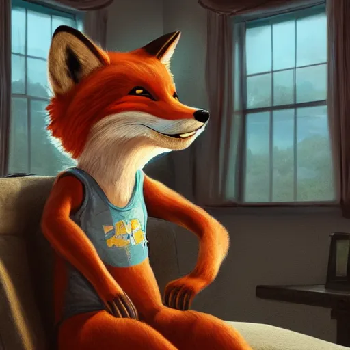 Prompt: an anthropomorphic fox wearing a t-shirt and jeans sitting on a couch, 8k resolution matte fantasy painting, cinematic lighting, DeviantArt, Artstation