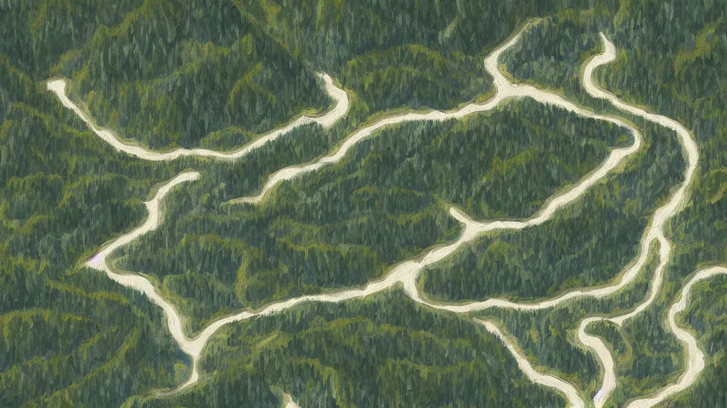 Prompt: High-Quality realist painting of a river crossing a valley in the Alps, isometric aerial view, peaceful, very detailed, digital art.