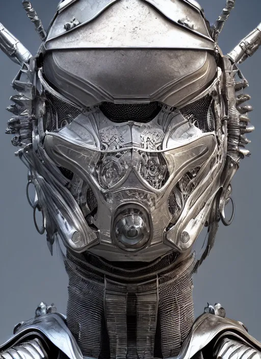 Image similar to close up front view portrait of a futuristic silver armored knight district 9 cyborg, modern fine art, fractal, intricate, elegant, highly detailed, digital photography, subsurface scattering, by jheronimus bosch and greg rutkowski,