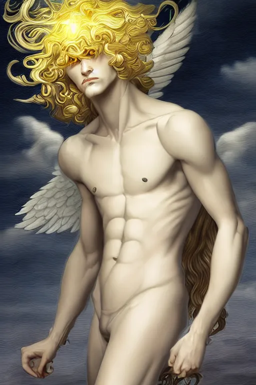 Prompt: digital art of a pale menacing male Cyborg Angel of Battle with fluffy blond curls of hair and piercing eyes, ascending to godhood blessed by the sun, bathed in scintillating radiance, johan liebert mixed with Dante, central composition, he commands the fiery power of resonance and wrath, very very long blond curly hair, baroque curls, by WLOP, Artstation, CGsociety