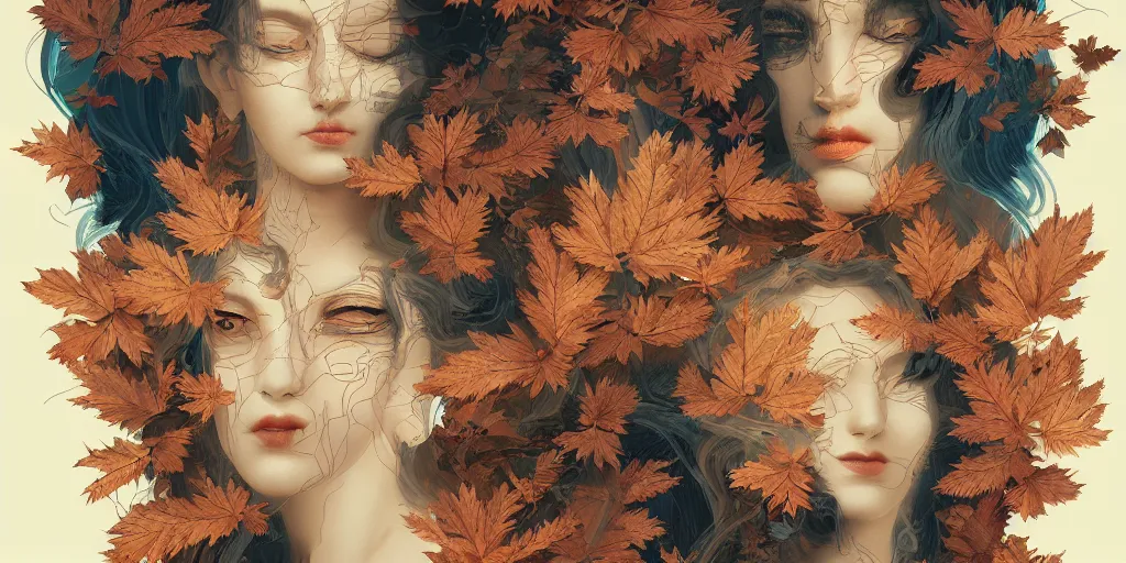 Image similar to breathtaking detailed concept art painting art deco pattern of blonde goddesses faces amalgamation autumn leaves, by hsiao - ron cheng and john james audubon, bizarre compositions, exquisite detail, extremely moody lighting, 8 k