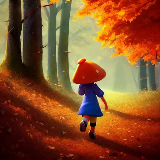 Image similar to collecting mushrooms ilustration a beautiful little girl smiling, walking calmly through an autumn forest, style by goro fujita, character art, sharp focus, highly detailed, artstation