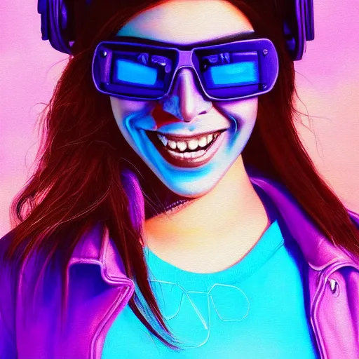 Image similar to closeup painting of a very beautiful young mexican cyberpunk woman with a smile, light blue neon shutter shades!! on her face, and a purple coloured leather jacket, one side haircut, long brown hair with light blue ends, portrait, sci - fi, hyperdetailed, cgsociety, synthwave by tangerine dream, by jean - michel jarre, by vangelis, by john carpenter