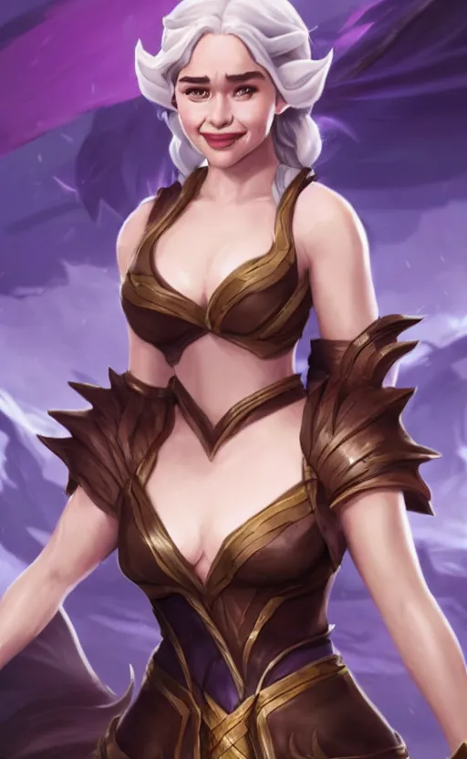 Prompt: Emilia Clarke as a character in the game League of Legends, with a background based on the game League of Legends, smiling, detailed face, old 3d graphics