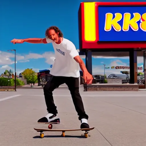 Image similar to kenny g skateboarding in a burger king parking lot, epic, cinematic, realism, ultra detailed, 8 k, film still