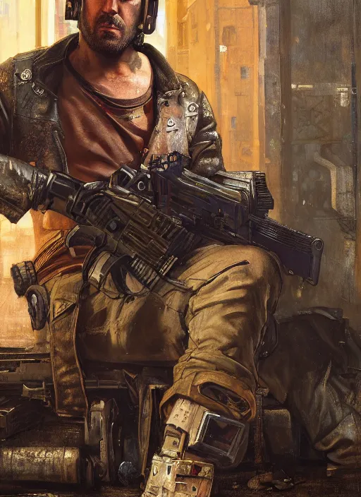 Prompt: arthur morgan. cyberpunk mercenary with tattoos wearing a military vest and combat jumpsuit. (Cyberpunk 2077, bladerunner 2049). Iranian orientalist portrait by john william waterhouse and Edwin Longsden Long and Theodore Ralli and Nasreddine Dinet, oil on canvas. Cinematic, hyper realism, realistic proportions, dramatic lighting, high detail 4k