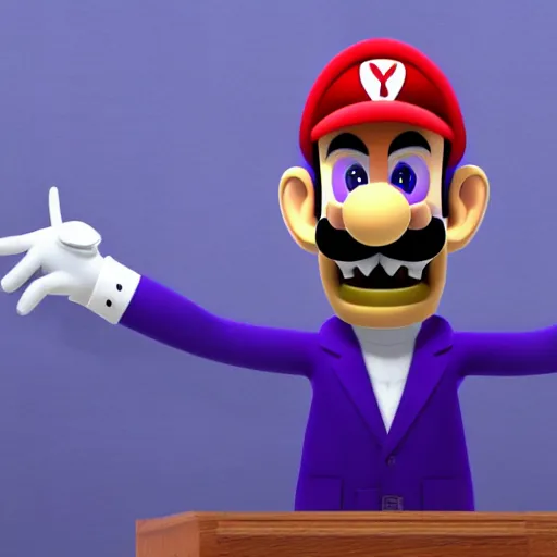 Image similar to photograph of waluigi as a presidential candidate giving a speech. Dramatic lighting. Award winning photography.