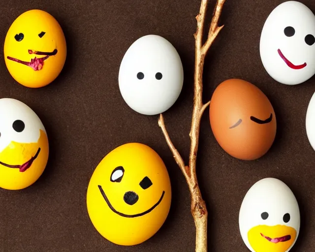 Image similar to eggs with happy faces on them. they have arms and legs made of twigs.