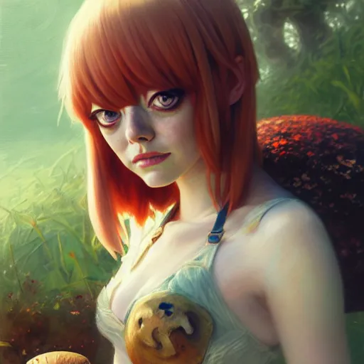 Image similar to emma stone as anime girl, mushroom kingdom, fantasy character portrait, concept art, interesting angle, intricate details, highly detailed by greg rutkowski, gaston bussiere, craig mullins, simon bisley