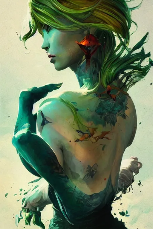 Image similar to upper body portrait shot of green hair tattooed pinup hannah murray, model pose, bright color, sun shining through, sharp focus, highly detailed face, specular reflection, art by anato finnstark and lecouffe deharme and pete mohrbacher and quentin mabille and frank moth, fantasy illustrations, epic light novel cover art