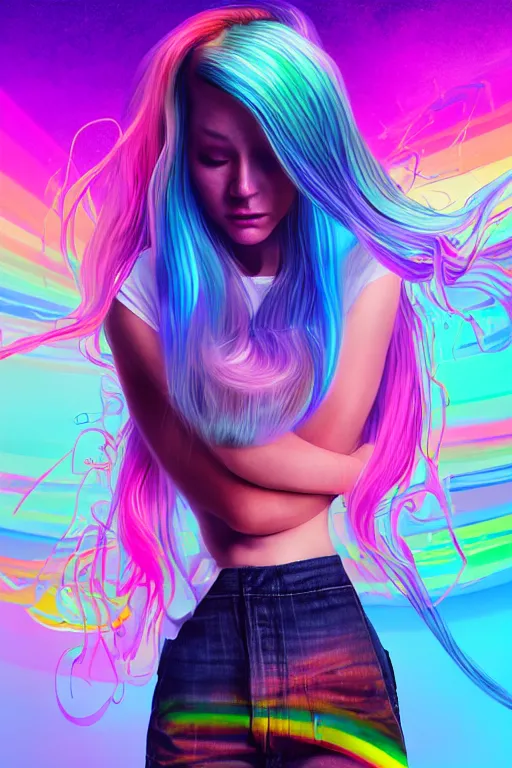 Image similar to a award winning half body portrait of a beautiful woman with stunning eyes in a croptop and cargo pants with rainbow colored ombre hairstyle head in motion and hair flying by thomas danthony, surrounded by whirling illuminated liquids, outrun, vaporware, shaded flat illustration, digital art, trending on artstation, highly detailed, fine detail, intricate