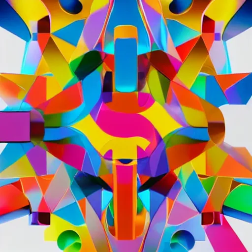 Prompt: colorful abstract 3D object of chrome geometric shapes on a white background dripping on the floor by David McLeod and Alberto Seveso, Blender Render, Transparent, Holographic, unreal engine, highly detailed, album cover art