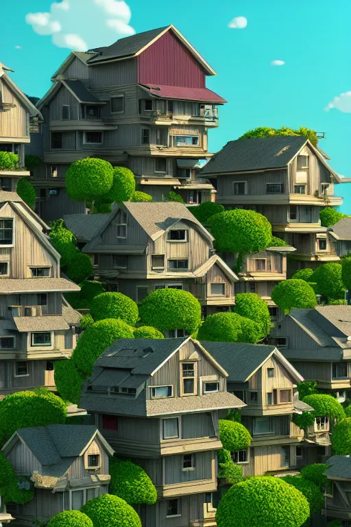 Image similar to stacked houses, solarpunk, studio ghibli, octane render, 4 k