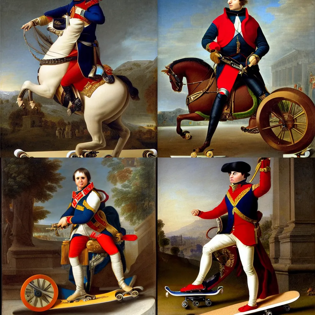 Prompt: Napoleon Bonaparte on a skatepark on a skateboard, intricate details, intricately detailed clothing, oil on canvas by Jacques-Louis David, 8k