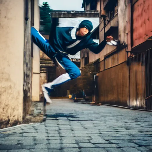 Image similar to photo of ninja running around the streets of Edo in parkour, motion blur