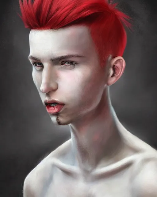 Image similar to young man with a short red mohawk, slim face, piercings, dressed in crustpunk clothing, headshot, attractive, handsome, model, trending on artstation, high quality art, character design, realism art, award winning art, clean face, by mandy jurgens, in color, digital painting, realistic shading, no makeup, no tattoos, no facial hair