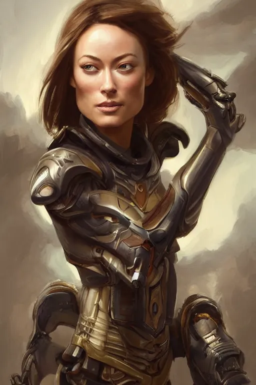 Image similar to a professional painting of a young Olivia Wilde, clothes in military armor, olive skin, long dark hair, beautiful bone structure, symmetrical facial features, intricate, elegant, digital painting, concept art, smooth, sharp focus, illustration, from StarCraft by Ruan Jia and Mandy Jurgens and Artgerm and William-Adolphe Bouguerea