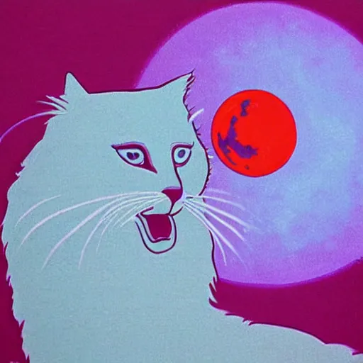 Prompt: 1980s tshirt art of a man's face and a white fluffy cat's face howling at the moon. shades of blue and violet. high quality high resolution award winning. sorrowful.