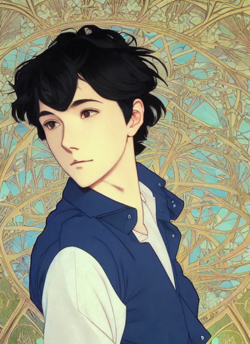 Image similar to handsome young man with short black hair, male, wearing a blue shirt, half body shot, path traced, highly detailed, high quality, digital painting, by studio ghibli and alphonse mucha, leesha hannigan, hidari, art nouveau, chiho aoshima, posuka demizu