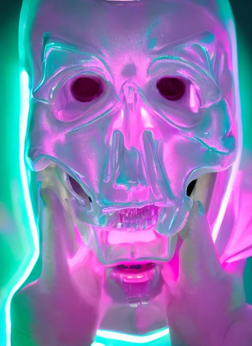 Prompt: photo of fullbodied baroque and bladerunner delicate neon diamond sculpture of seductive ceramic albino marble prince andres sanjuan dotado mint iridescent humanoid deity wearing pink plastic fluffy hoody holding diamond skull in a white alien dungeon, reclining, glowing magenta face, crown of white diamonds, cinematic lighting, photorealistic, octane render 8 k depth of field 3 d