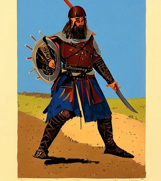 Prompt: character art illustration portrait of a medieval Byzantine infantry warrior by Angus McBride, dynamic pose.