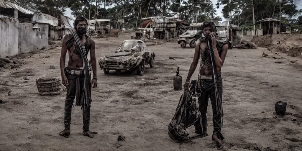 Image similar to sri lankan mad max style, guitar, film still, epic shot cinematography, rule of thirds