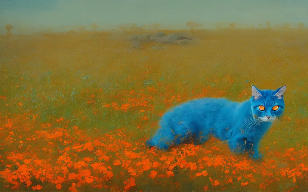 Prompt: an orange cat in a field of turquoise blue flowers, highly detailed, artstation, concept art, smooth, sharp focus, by julius adam ii and ruan jia