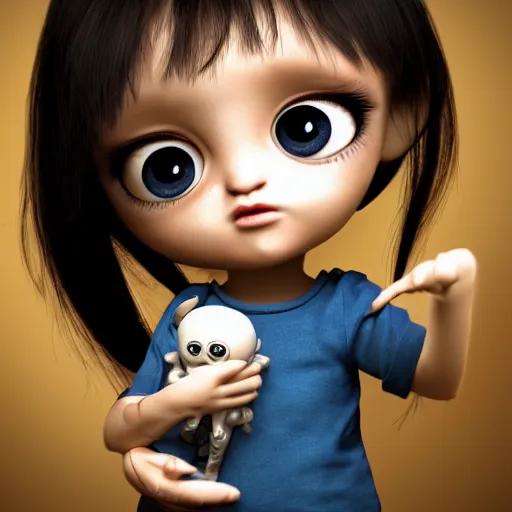 Prompt: a little alien girl with big sad black eyes and dark hair holds a doll in her hands, bangs cover half of her face, sci - fi, 3 d, mysterious atmosphere, photorealistic, ultra - details