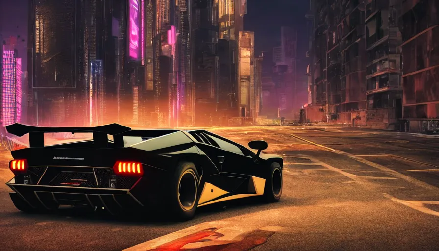 Prompt: a beautiful render of a cyberpunk lamborghini countach with led projectors seen from 3 / 4 in a street at night, wallpaper, trending on art station hq, 8 k, unreal engine, raytraced shadows, raytraced lighting, raytraced reflections, raytracing, rtx, 8 0 mm, depth of field, bloom, hdr