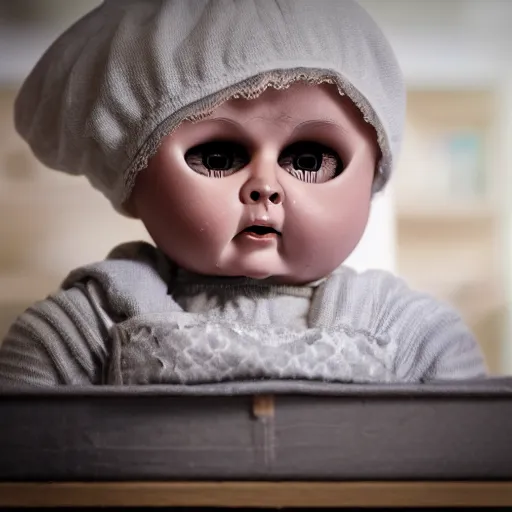 Image similar to creepy doll sitting on shelf, staring at camera, 8 k, photorealistic, dark