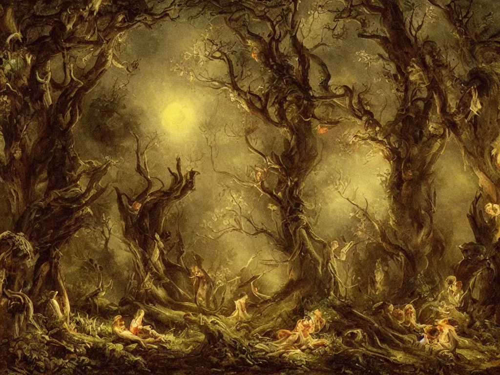 Image similar to forest spirits playing in the night near ruins in the style of Hermann Hendrich, neo-romanticism, european folklore