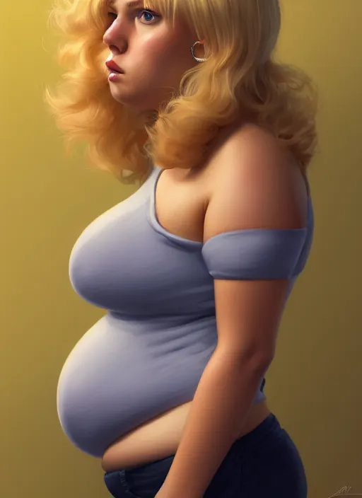 Image similar to full body portrait, teenage betty cooper, blonde hair, obese, bangs, ponytail, sultry, realistic, sultry smirk, fluffy bangs, curly bangs, fat, belly, intricate, elegant, highly detailed, digital painting, artstation, concept art, smooth, sharp focus, illustration, art by wlop, mars ravelo and greg rutkowski