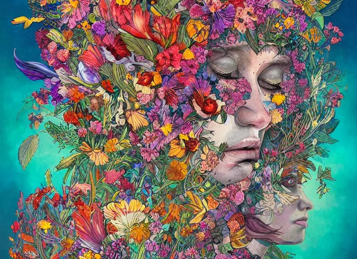 Prompt: a surreal painting of a beautiful divine creature with a lot of wild flowers and plants on its head, poster art by android jones, behance contest winner, generative line art, made of flowers, grotesque, surreal, concert poster
