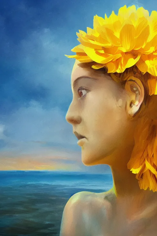 Image similar to closeup girl with huge yellow dahlia flower face, on the beach, surreal photography, blue sky, sunrise, dramatic light, impressionist painting, digital painting, artstation, simon stalenhag