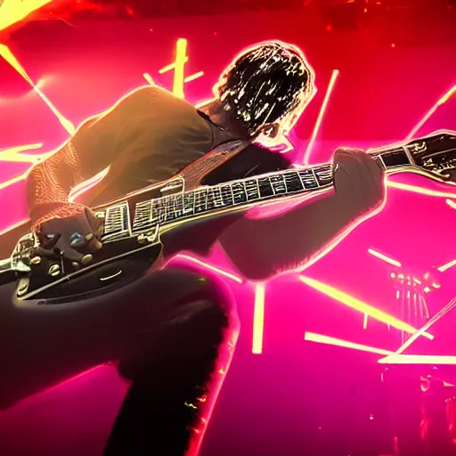 Image similar to rock guitarist shredding on stage, playing sunburst gibson les paul, photorealism, smoke, lasers and explosions, hyper detailed