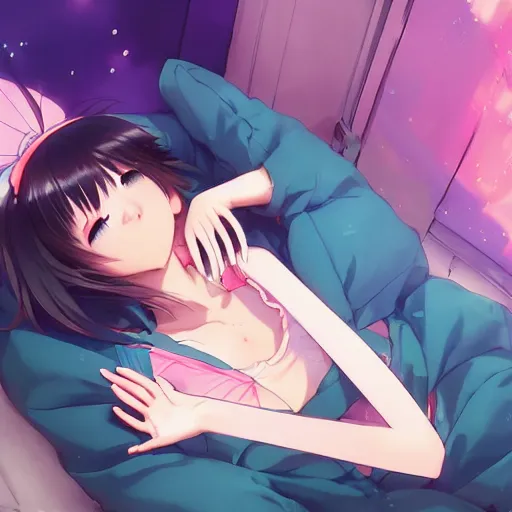 Image similar to a cute anime girl sleeping!!! in a neon lit street, wlop, ilya kuvshinov, artgerm, krenz cushart, greg rutkowski, hiroaki samura, range murata, james jean, katsuhiro otomo, erik jones, serov, surikov, vasnetsov, repin, kramskoi 4 k