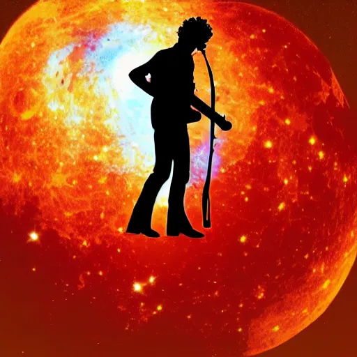 Prompt: silhouette of gustavo cerati playing guitar at the red moon in the universe, universe, stars, digital art