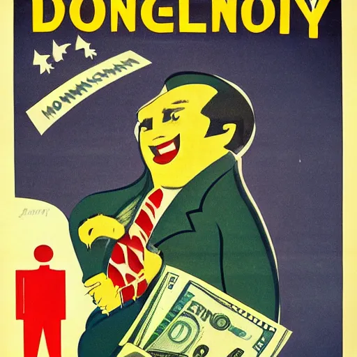 Image similar to 1 9 5 0 american propaganda poster warning the danger of money, featuring a grinning chubby dude in suit