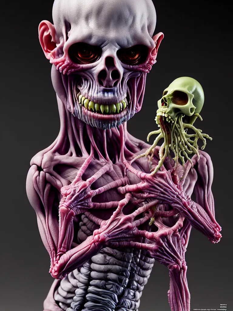 Image similar to hyperrealistic rendering, fat smooth cronenberg flesh monster transparent grey alien with skull and spine by donato giancola and greg rutkowski and wayne barlow and zdzisław beksinski, product photography, action figure, sofubi, studio lighting, colored gels, colored background