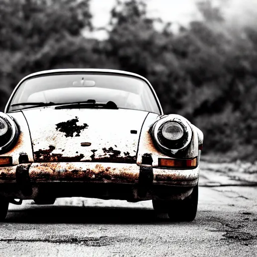 Image similar to black and white press photograph of a rusted abandoned porshe 9 1 1 on an empty abandoned city street, full view, detailed, natural light, mist, film grain, soft vignette, sigma 5 0 mm f / 1. 4 1 / 1 0 sec shutter, imax 7 0 mm footage