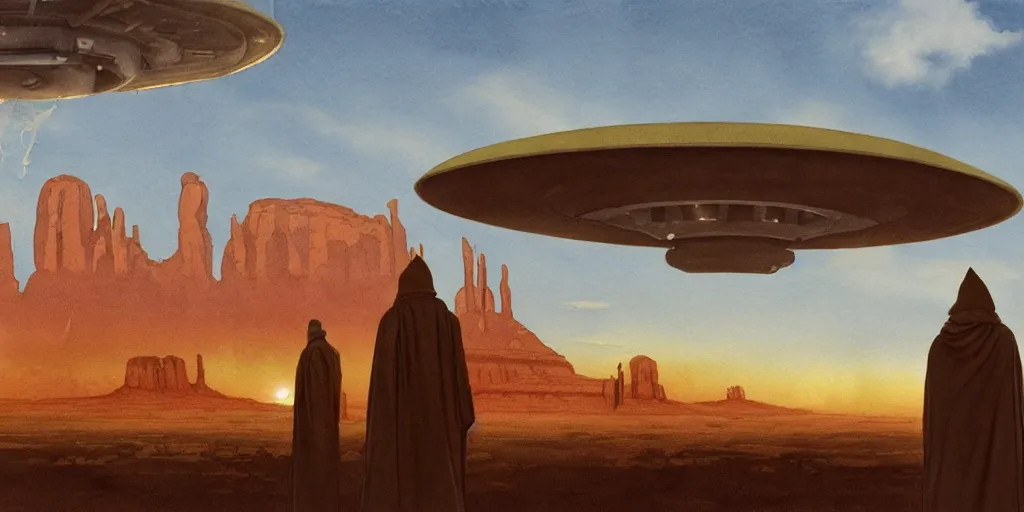 Prompt: a hyperrealist watercolor concept art of a giant ufo from independence day on the horizon of monument valley. a medieval monk in grey robes is in the foreground. golden hour. very muted colors, by rebecca guay, michael kaluta, charles vess. high detail, hq, wide shot, 4 k